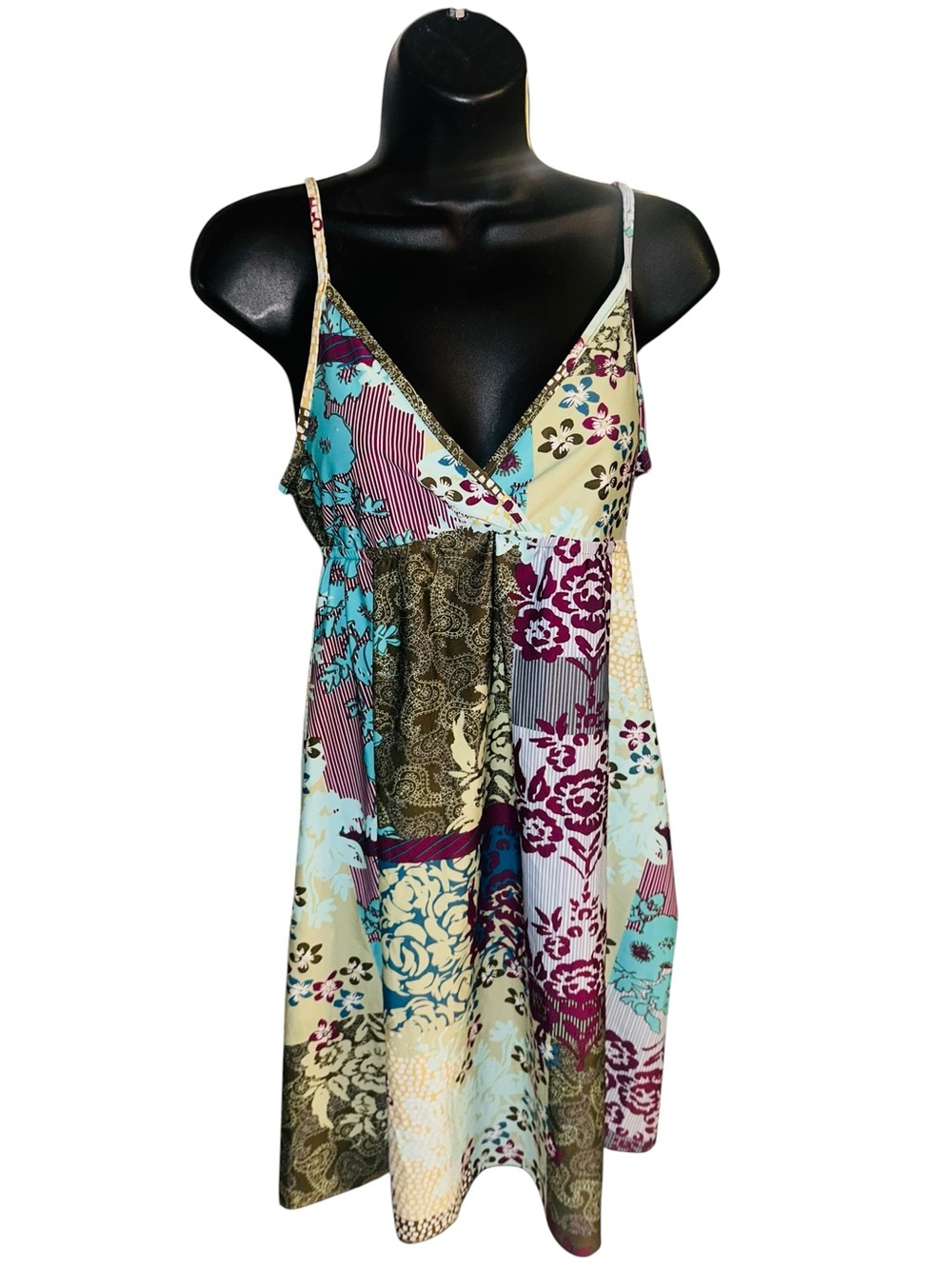 Patchwork Floral Spaghetti Strap Summer Dress Swimsuit - Teal, Burgundy, Cream